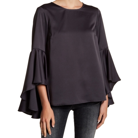 Ro & De Satin Crew Neck Dramatic Voluminous Bell Sleeve Zip Back Top Grey Small - Picture 9 of 9